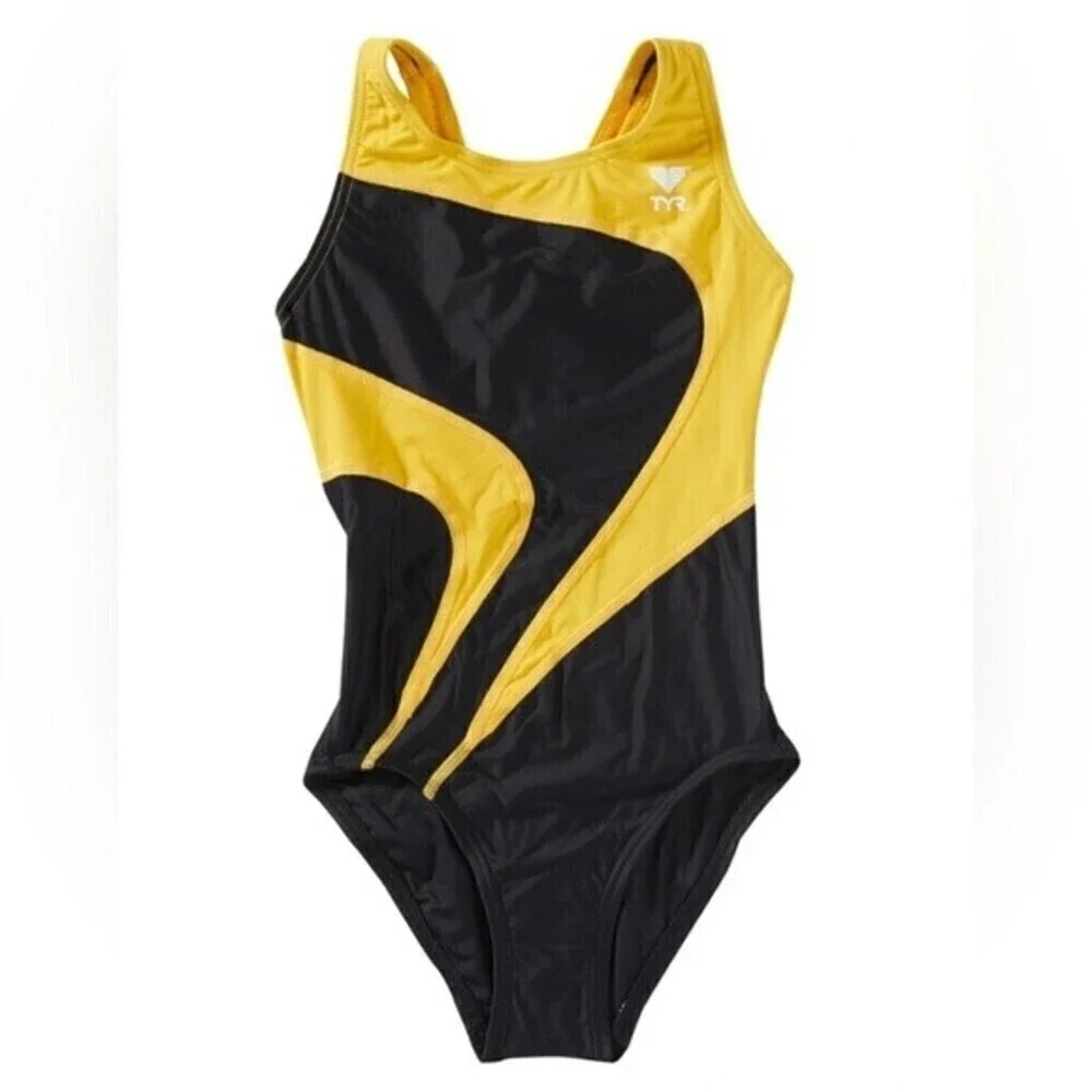 TYR Girls' Maxfit Swimsuit Atle- T-Splice black/gold size 8.